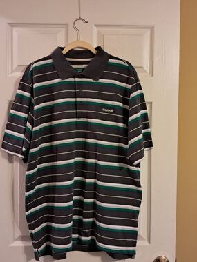 Reebok Men's Size XL Navy  Polo with Grey & White Stripes